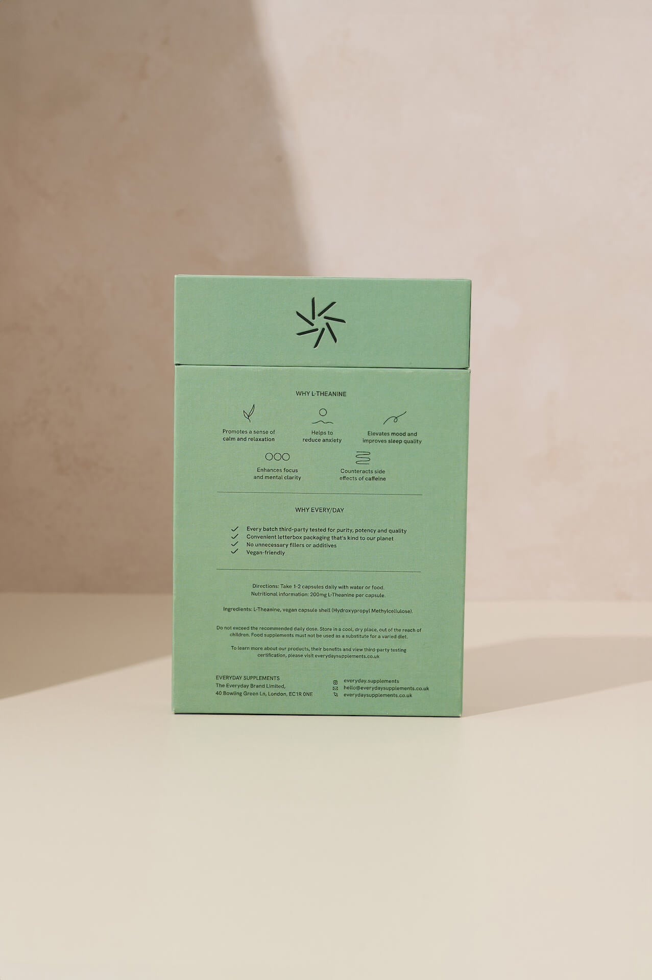 Back of Everyday Supplements eco-friendly sage green box containing 90 capsules of 200mg L-Theanine by Everyday Supplements, with details about ingredients and instructions on how to take it.